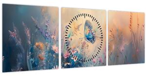 Obraz - Lúka s motýľom (s hodinami) (90x30 cm)