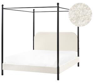 Posteľ s baldachýnom čierny kovový rám krémová biela buklé čalúnenie 140 x 200 cm retro minimalistický štýl