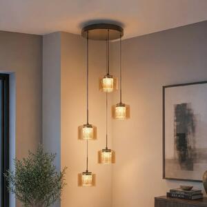 Searchlight LED závesné svietidlo Tumblers, 5-pl. okrúhle, bronzové, sklo, 3 000 K, Krémová / jantárovo žltá, Obývacia izba / jedáleň, Hliník, Závesné svietidlo