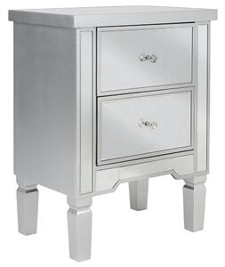 Nočný stolík strieborný sklo MDF zrkadlový povrch 2 zásuvky úložný priestor moderný glamour štýl spálňa