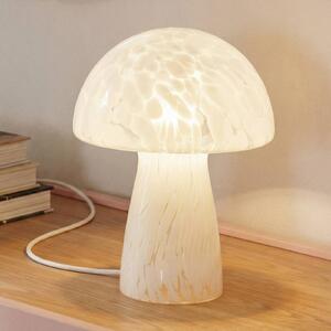 Stolná lampa Lindby Hubi, biela, sklo, Ø 22 cm, tvar hríbu, Biela / opálová, Obývacia izba / jedáleň, Sklo, Moderný, Stojacie svietidlo