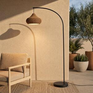Vonkajšia stojacia lampa Lucande Taniola, béžová, ratan, 195 cm, IP44, Svetlé drevo, Drevo, Vidiecky / Rustikálny, Oblúková stojaca lampa