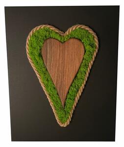 Machový obraz s dreveným srdiečkom a lanom 40 x 30 cm Zelená
