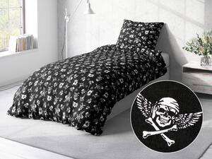 Biante Bavlnené posteľné obliečky Sandra SA-104 Biele pirátske lebky na čiernom Jednolôžko 140x200 a 70x90 cm