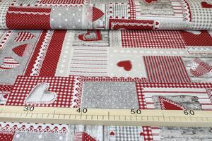 Látka bavlna červený patchwork so srdiečkami š. 140 cm