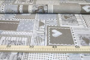 Látka bavlna béžový patchwork so srdiečkami š. 140 cm