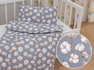 Biante Detské bavlnené posteľné obliečky do postieľky Sandra SA-234 Kvety bavlníka na modrosivom Do postieľky 90x130 a 40x60 cm