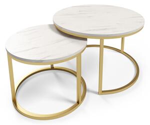 Konferenčný okrúhly biely stolík 2 ks set so zlatými nohami N-997