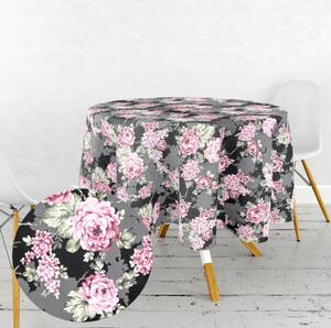 Ervi bavlnený obrus na stôl okrúhly - Kvety na čiernom