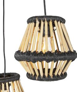 Orientálne závesné svietidlo bambusové s čiernym okrúhlym 3-svetlom - Evalin