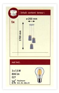 Paulmann 79627 - Luster na lanku NORELL 3xE27/20W/230V betón