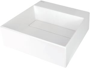 Deante Correo, granitové umývadlo na dosku s poličkou pod batériu a krycou doskou 400x400x130 mm, biela, CQR_AU4M