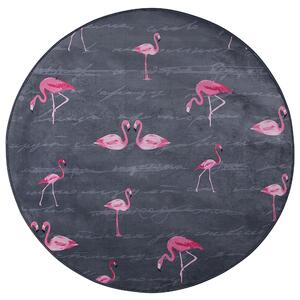 Koberec sivý ružový polyester 120 x 120 cm krátky vlas plameniaky tlačený guľatý