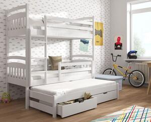 Detská poschodová posteľ z masívu borovice s prístelkou a šuplíky ALDA - 200x90 cm - biela