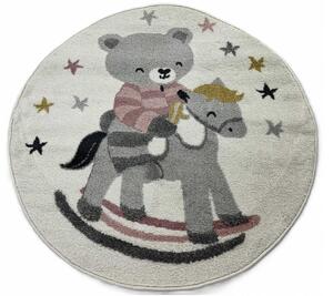 TA Béžovo-sivo-ružový okrúhly detský koberec C5670A_74F_37 WHITE / L.PINK ANIMAL s medvedíkom na hojdacom koníku Rozmer: 100x100 cm