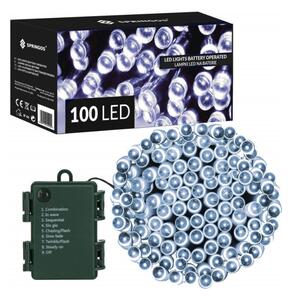 SPRINGOS LED svetelná reťaz - 10m, 100LED, 8 funkcií, časovač, 3xAA, IP44, studená biela
