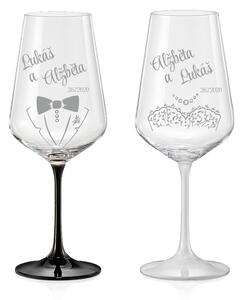 Svadobné poháre na víno Novomanželia B & W s kryštálmi, 2 ks