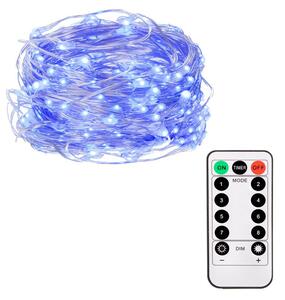 SPRINGOS LED reťaz Nano 10,2 m, 100 LED, IP44, 8 svetelných módov s ovládačom, 3x AA, modrá
