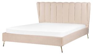 Posteľ béžová zamatové čalúnenie 160 x 200 cm zlaté kovové nohy prešívané čelo s USB portom moderný glamour štýl spálňa
