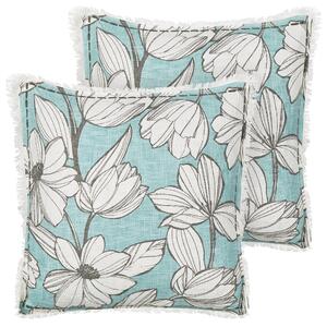 Sada 2 dekoratívnych vankúšov biela a modrá bavlna 45 x 45 cm kvetinový vzor ručná výroba so strapcami odnímateľný poťah boho štýl