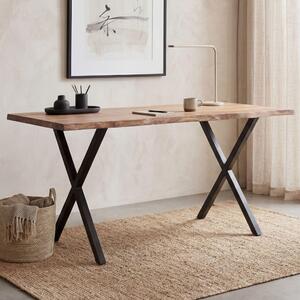 FineBuy Písací stôl 140 cm z masívneho akátového dreva / kovový počítačový stôl s prírodným okrajom dreva, stôl do domácej kancelárie, masívny stôl s nohami v tvare X, čierny drevený stôl, stôl na notebook