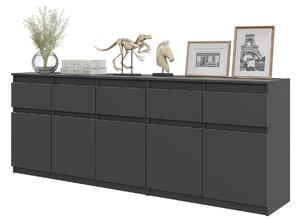 Komoda NOAH Antracit – Veľká Komoda do Spálne s 5 Zásuvkami a 5 Dvierkami, Set Komôd Š200 x V75 x H35 cm