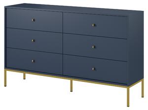 Komoda so iestimi zásuvkami, tmavomodrá, so zlatými úchytkami, rozmer 154 x 39 x 83 cm