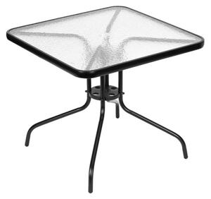 Záhradný stolík 80 x 80 cm na terasu, do záhrady alebo na balkón, z tvrdeného skla, s otvorom na slnečník – MultiGarden