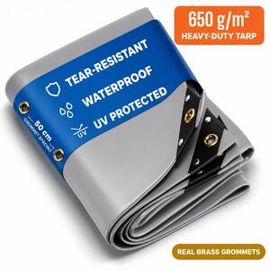 NEMAXX® Krycia plachta 650 g/m² 3x5 m (15 m²) Sivá – vodotesná, odolná UV, odolná proti roztrhnutiu, mosadzné oká – auto, drevo, záhrada