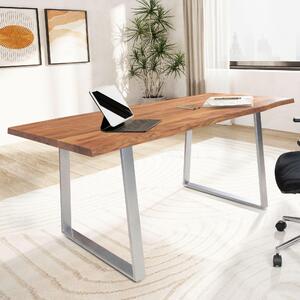 WOHNLING písací stôl 200x100x76 cm masívne drevo akácie / kov počítačový stôl s okrajom stromu Homeoffice kancelársky stôl masívny s trapézovými nohami v chróme drevený stôl