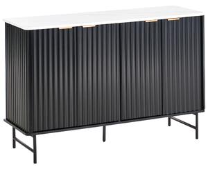 Komoda so 4 dvierkami čierna MDF mramorový efekt minimalistický dizajn moderný úložný nábytok obývacia izba spálňa