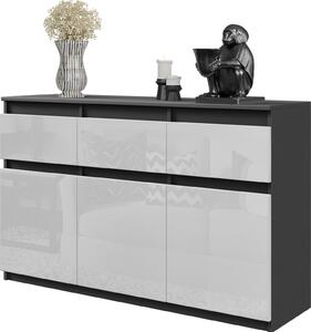 FURNICA - NOAH - Komoda s 3 zásuvkami a 3 dvierkami - antracitovo sivá / biely lesk V75cm Š120cm H35cm