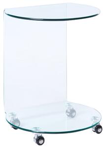 Odkladací stolík priehľadný tvrdené sklo 57 x 45 cm s kolieskami tvar písmena C moderný minimalistický štýl obývacia izba