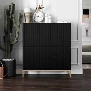Komoda RTV Glamour 4D TV skrinka Moderný nábytok Lindner 112cm x 36,5cm x 126cm Farba: ierna matná Rám: Zlatý kovový