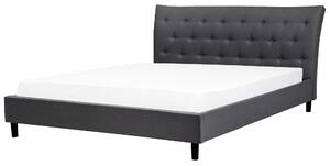 Posteľ tmavosivá látkové čalúnenie 180 x 200 cm prešívané čelo s gombíkmi v štýle Chesterfield lamelový rošt drevené nohy moderný štýl spálňa