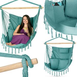 Outtec® Závesné kreslo s 3 vankúšmi - 100x130x75cm, do 140 kg - Boho kreslo s strapcami, beanbag, hojdačka pre exteriér, záhradu, balkón, domácnosť - zelené