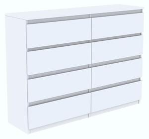 Biela komoda s zásuvkami, 120 cm, 8 zásuviek, vhodná do spálne a obývačky – VÝROBCA