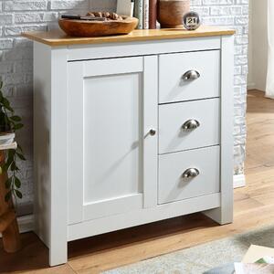 Komoda FineBuy s 3 zásuvkami 79x81x35 cm, biela / dub, moderný dizajn, vysoká komoda s dvierkami a zásuvkami, do obývacej izby