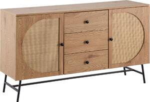 Príborník 140x80x40 cm komoda Imitácia dub s ratanovým výpletom moderná, vysoká komoda, stojaca skriňa s 2 dvierkami a 3 zásuvkami, príborník obývačka | Wohnling