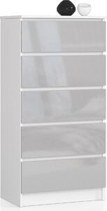 BDW Komoda s vysokým leskom, 5 zásuviek, spálňa, 60x121, bielo-sivá