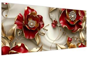 Obraz - 3D Červeno-zlaté kvety (120x50 cm)