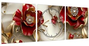 Obraz - 3D Červeno-zlaté kvety (s hodinami) (90x30 cm)
