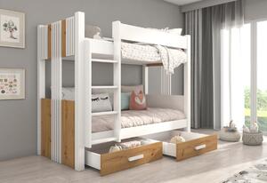 Detská poschodová posteľ SEVERIN, 90x200, biela/dub sonoma