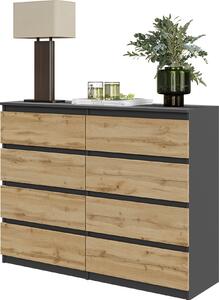FURNICA - GABRIEL - Komoda s 8 zásuvkami - antracitovo sivá / dub Wotan V92cm Š120cm H33cm