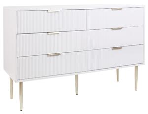 Komoda biela MDF 6 úložných zásuviek kovové nohy úchytky moderný škandinávsky štýl spálňa