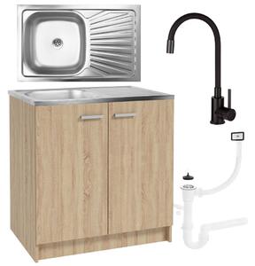 Kuchynská linka Sonoma dub 80x50 cm s drezom a flexibilnou iernou batériou Deante