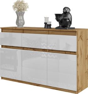 FURNICA - NOAH - Komoda s 3 zásuvkami a 3 dvierkami - dub Wotan / biely lesk V75cm Š120cm D35cm