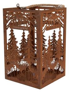Rustikálny hrdzavý lampáš s tekvicami a stromčekmi - 19*19*30 cm - Clayre & Eef