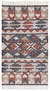 Koberec viacfarebný jutový 80 x 150 cm obdĺžnikový geometrický vzor so strapcami ručne tkaný boho štýl obývacia izba spálňa
