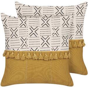 Sada 2 dekoratívnych vankúšov biela a žltá bavlna 45 x 45 cm s geometrickým vzorom bloková potlač boho dekorácie do interiéru